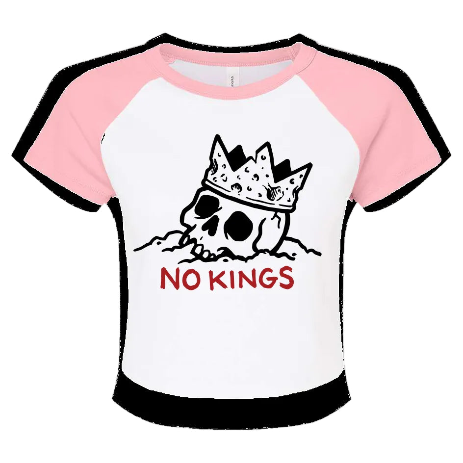 White and pink baseball shirt with skull and crown graphic and 'No Kings' text on a white background