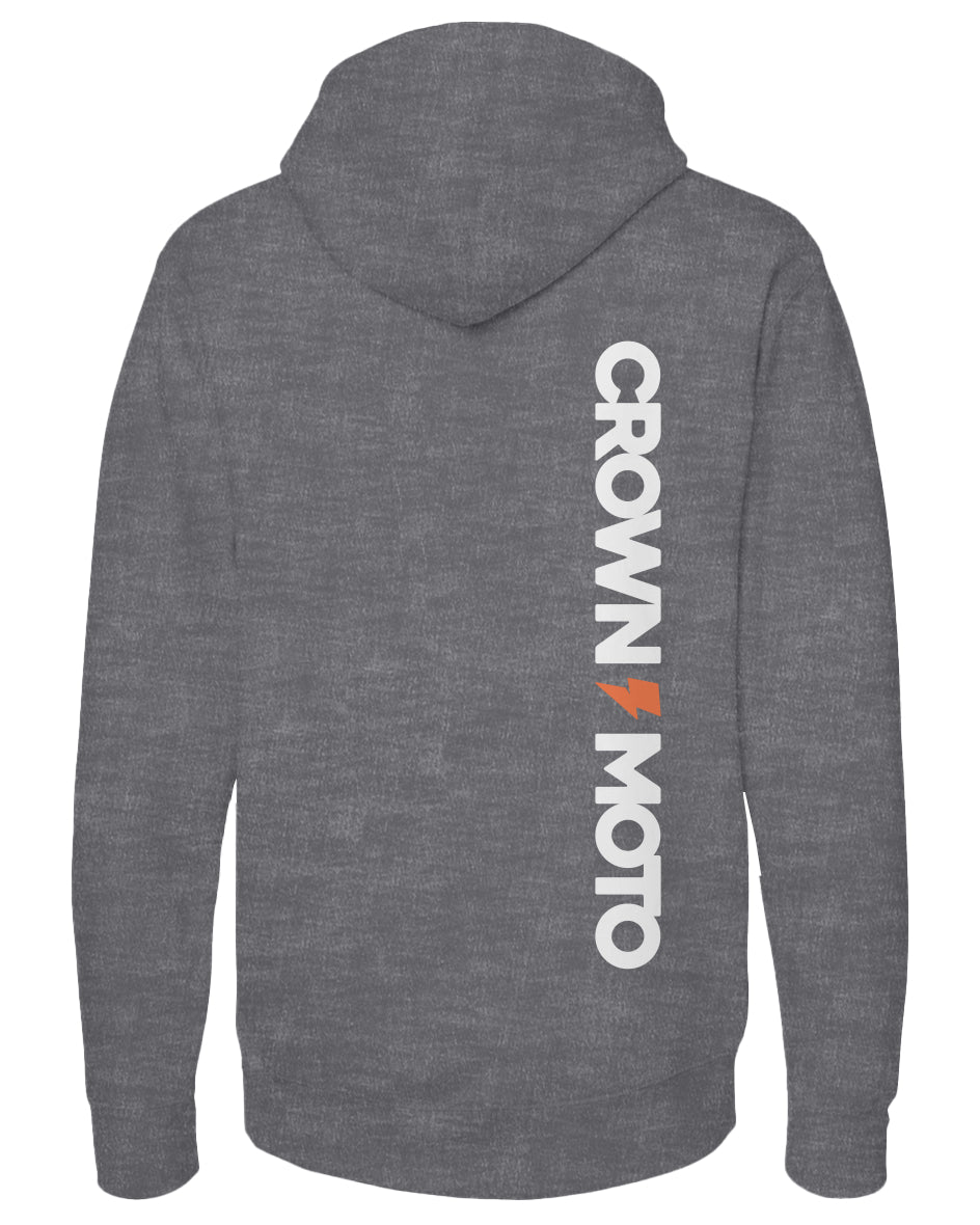 Gray hoodie with 'Crown Moto' logo on the back against a white background