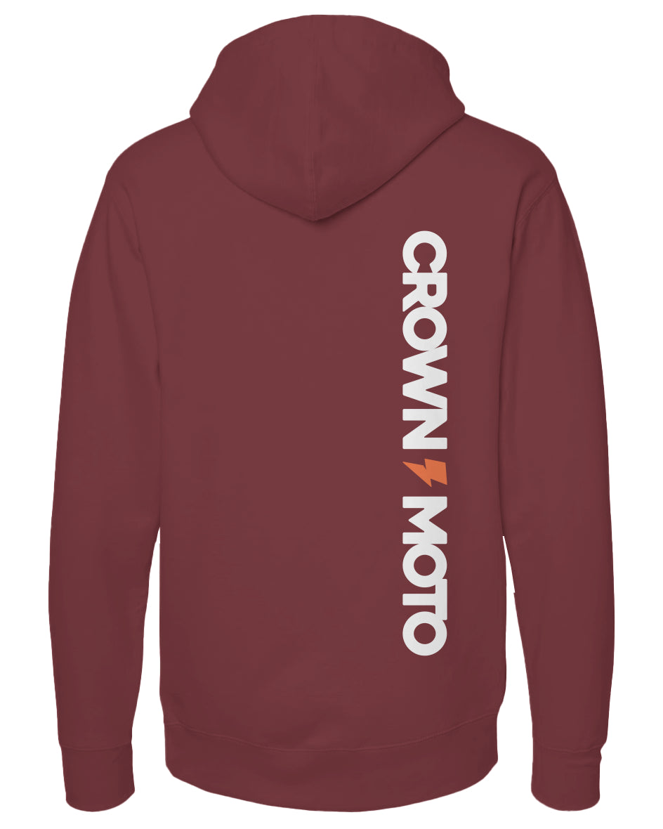 Maroon hoodie with 'Crown Moto' logo on the back against a white background