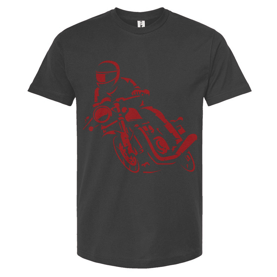 Black t-shirt with red graphic design on a white background