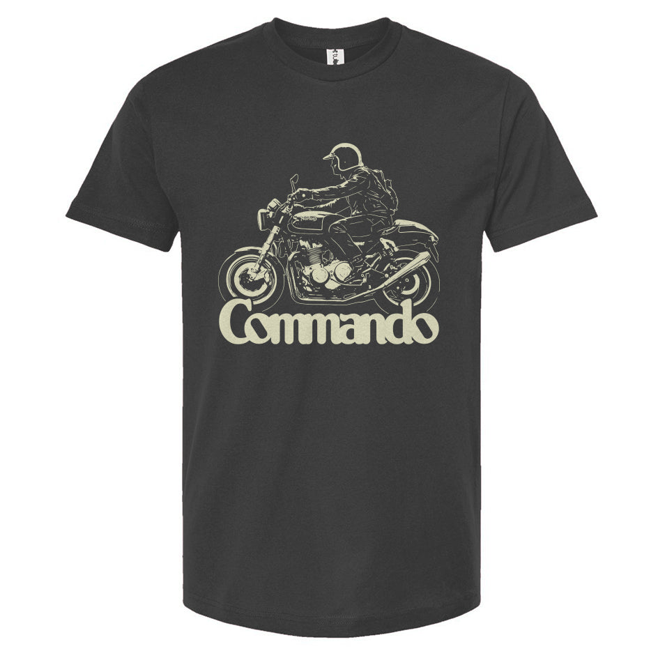 Black t-shirt with a motorcycle graphic and 'Commando' text on a white background