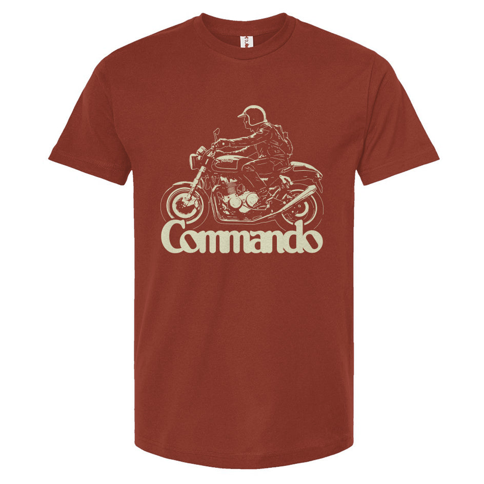 Maroon t-shirt with a graphic of a motorcycle rider and the word 'Commando' on a white background