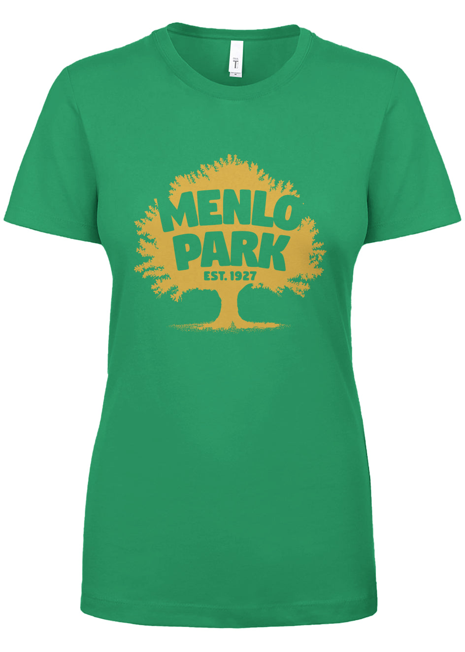 Green t-shirt with yellow graphic and 'Menlo Park' text on a white background
