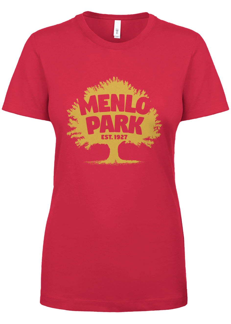 Red t-shirt with yellow graphic and 'Menlo Park' text on a white background