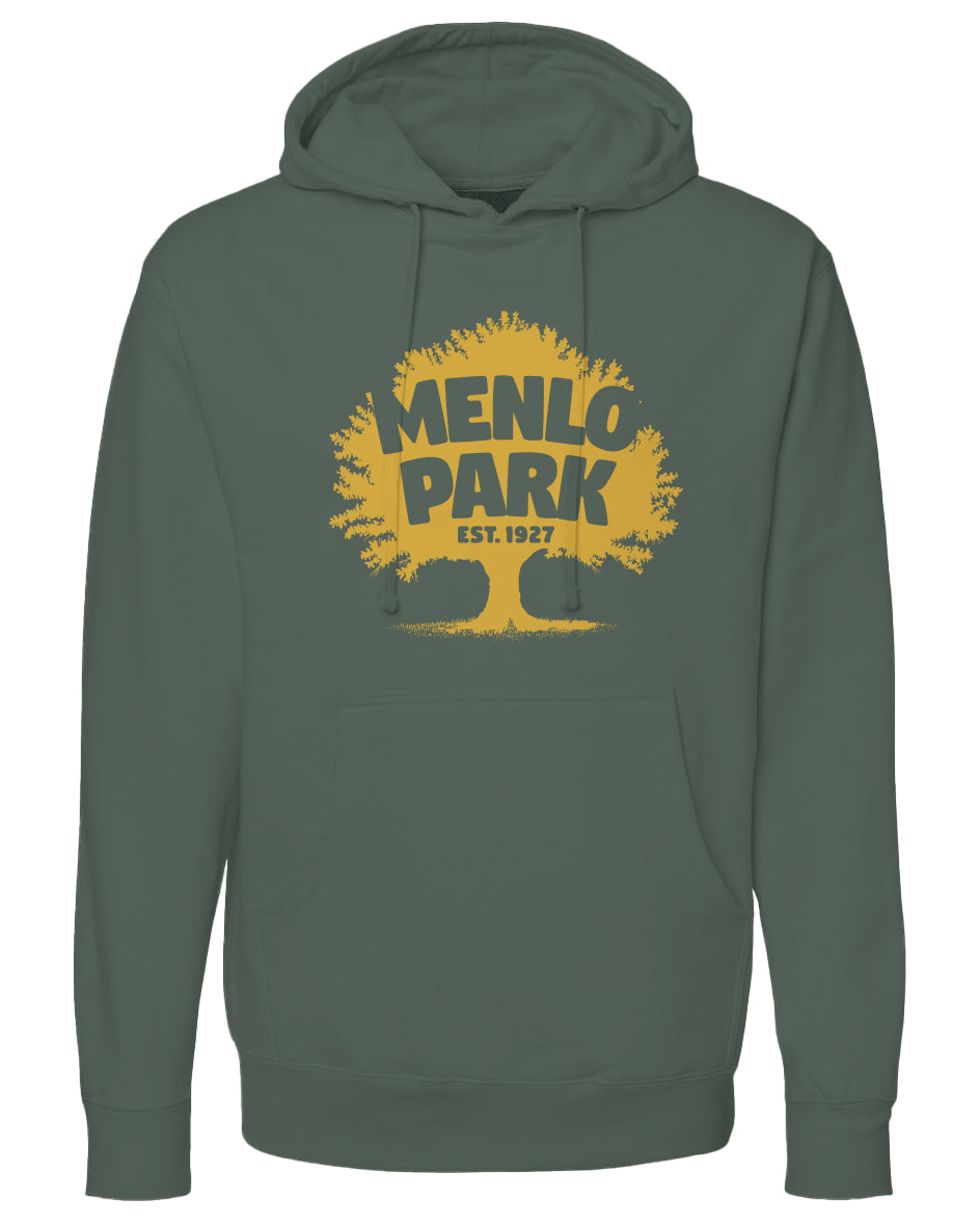 Green hoodie with yellow 'Menlo Park' graphic on a white background
