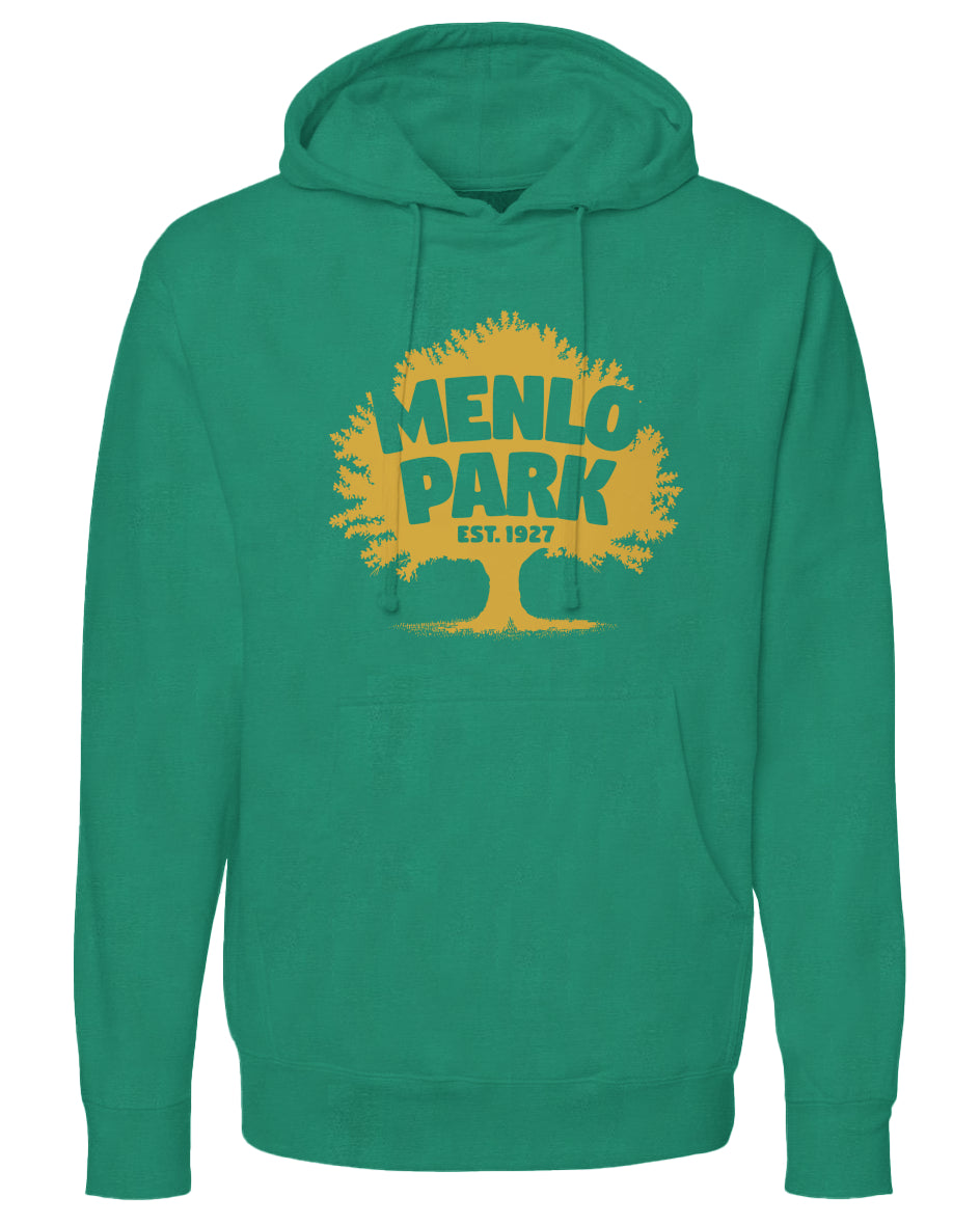Green hoodie with yellow 'Menlo Park' graphic on a white background