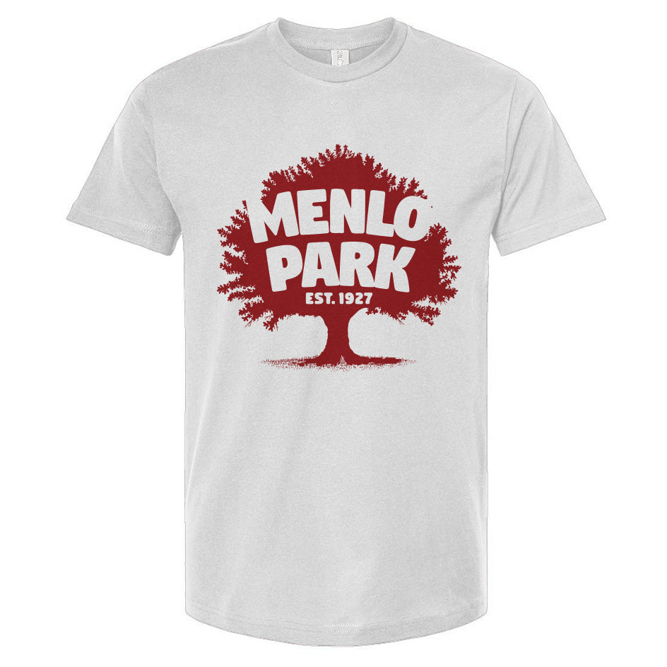 White t-shirt with red 'Menlo Park Est. 1927' graphic on a white background