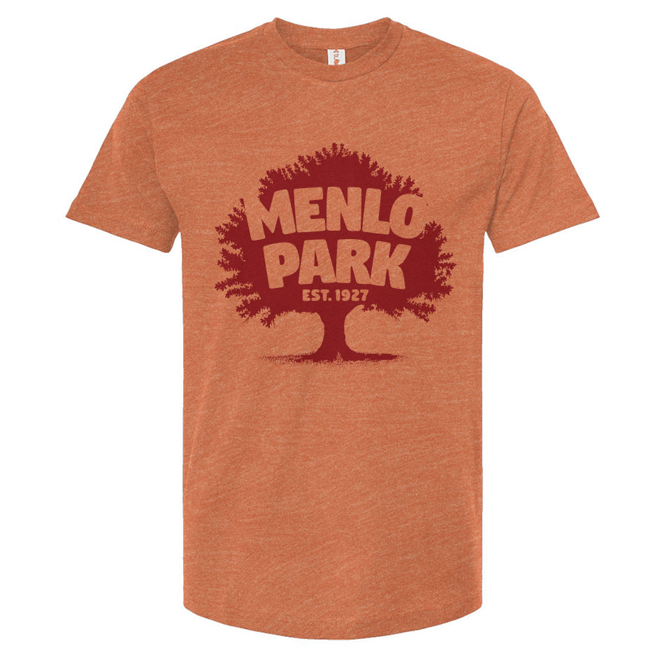 Orange t-shirt with 'Menlo Park Est. 1937' graphic on a white background