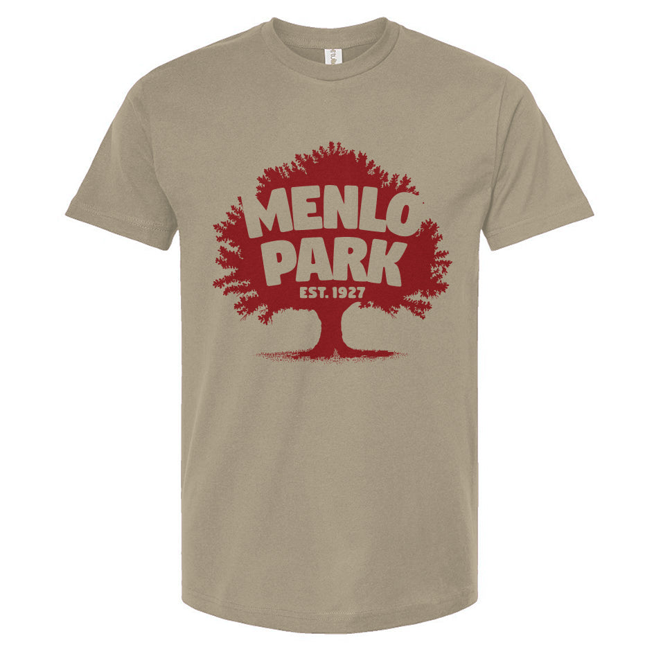 Beige t-shirt with red 'Menlo Park' graphic on a white background