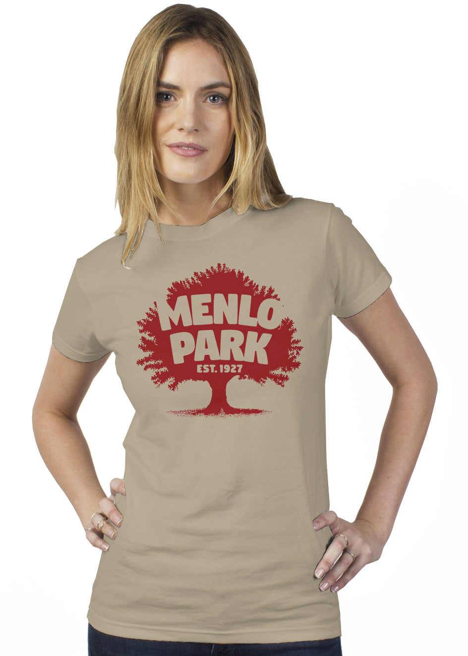 Woman wearing a beige t-shirt with a red 'Menlo Park' graphic design.