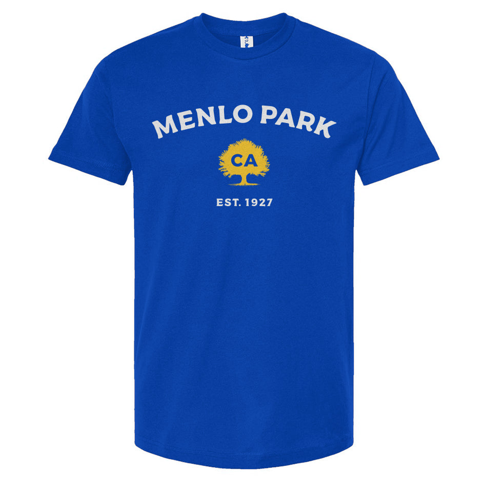 Blue t-shirt with 'Menlo Park, CA EST. 1927' text on a white background