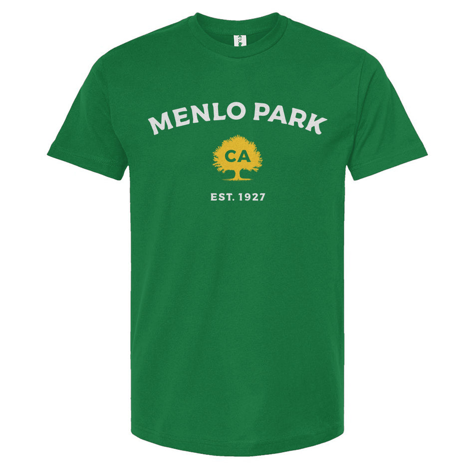 Green t-shirt with 'Menlo Park, CA EST. 1927' text on a white background