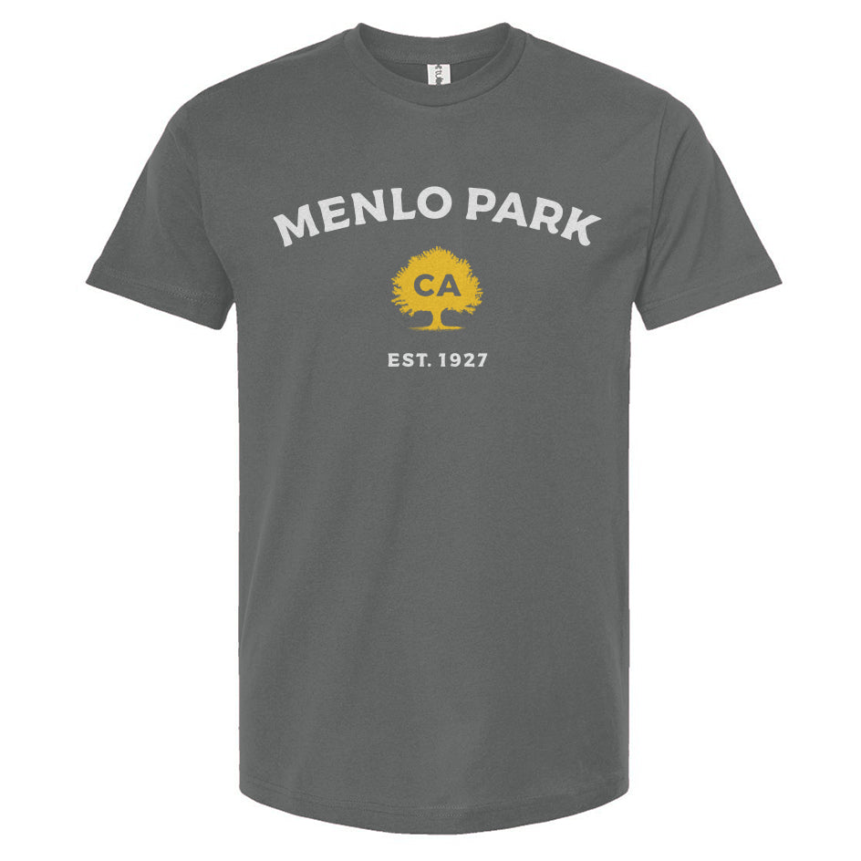 Gray t-shirt with 'Menlo Park, CA EST. 1927' text and logo on a white background