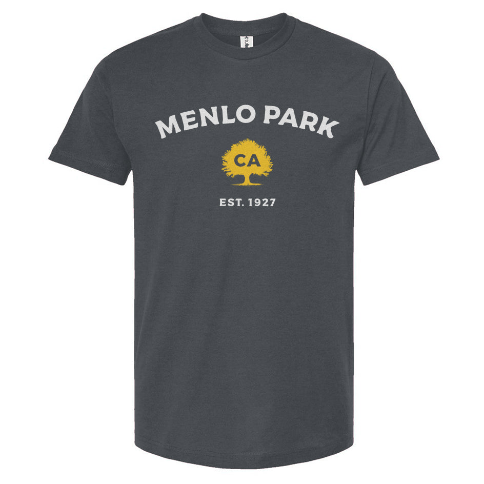 Gray t-shirt with 'Menlo Park, CA EST. 1927' text and logo on a white background