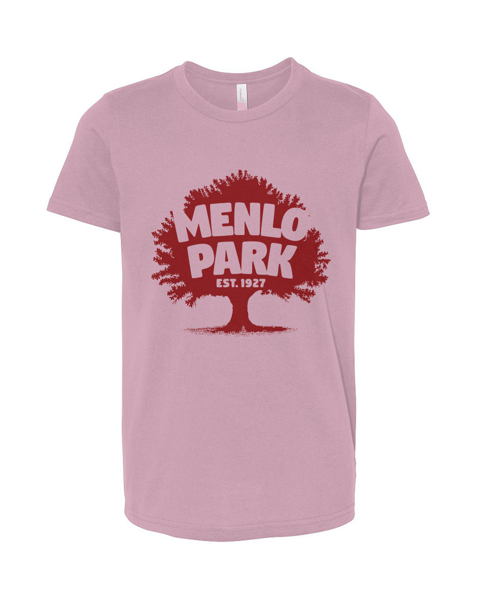 Pink t-shirt with red 'Menlo Park' graphic on a white background