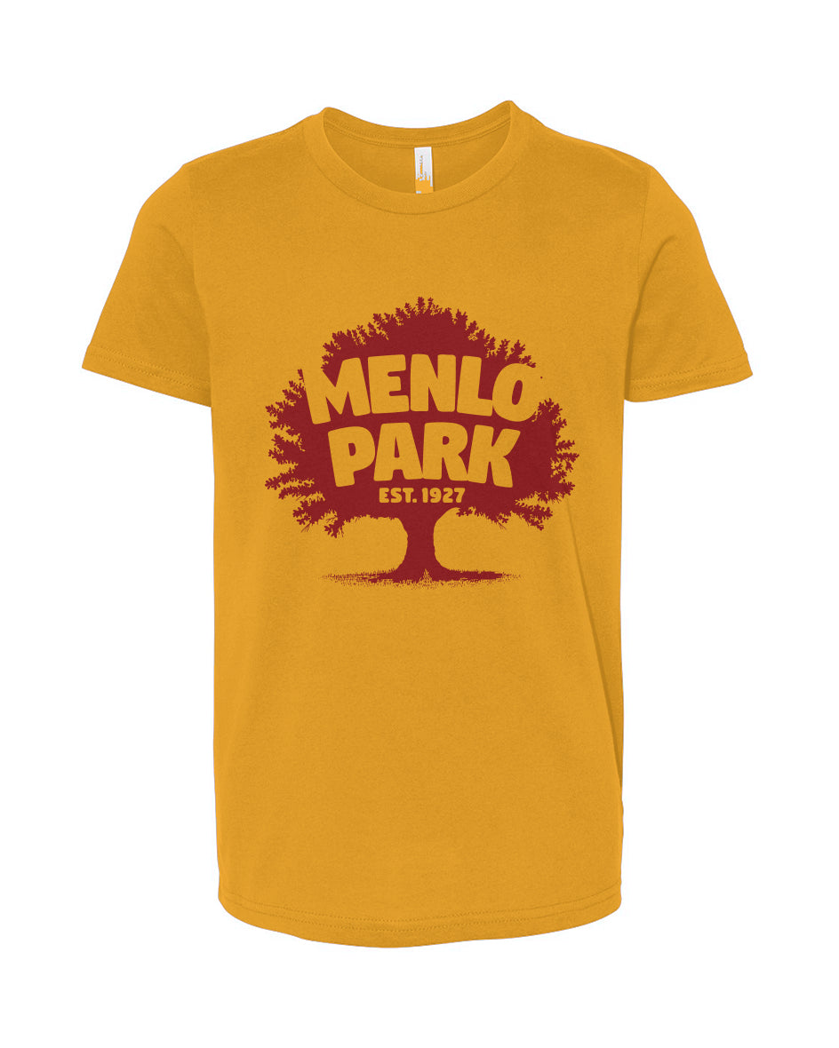 Yellow t-shirt with red graphic and 'Menlo Park' text on a white background