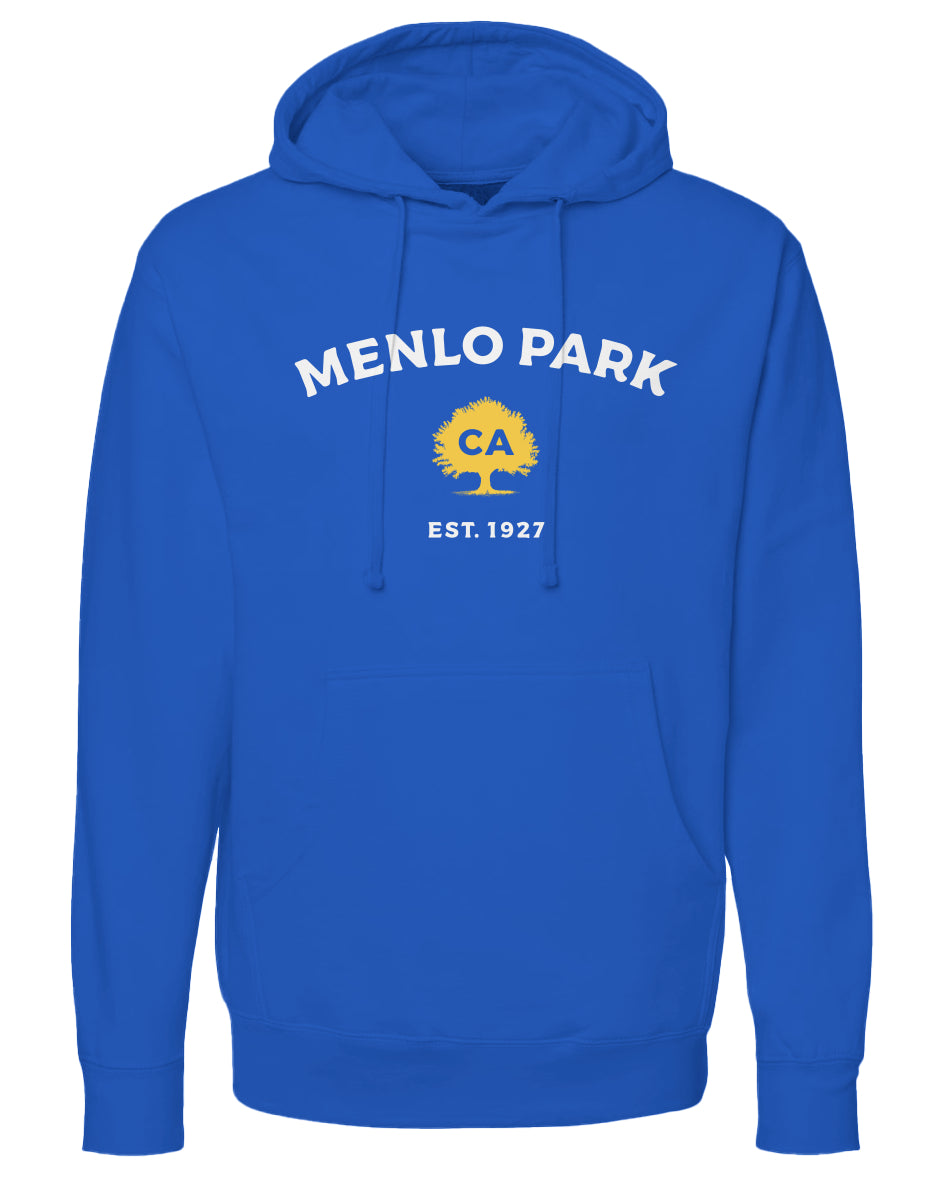 Blue hoodie with 'Menlo Park, CA EST. 1927' text on a white background