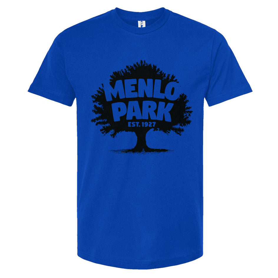 Royal blue t-shirt with 'Menlo Park' graphic on a white background