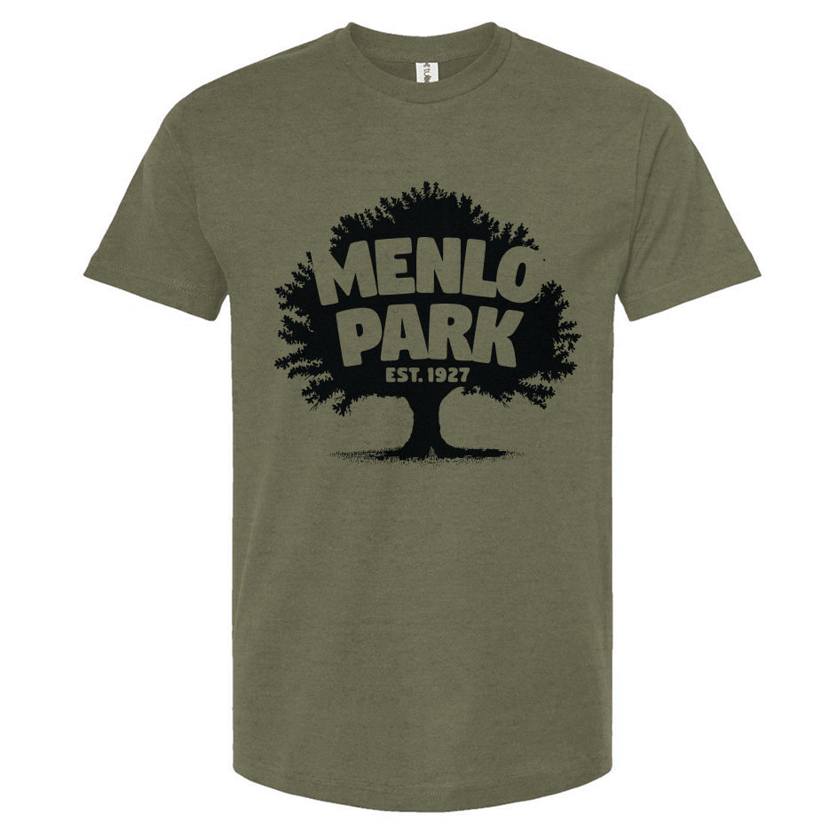 Green t-shirt with 'Menlo Park Est. 1857' design on a white background