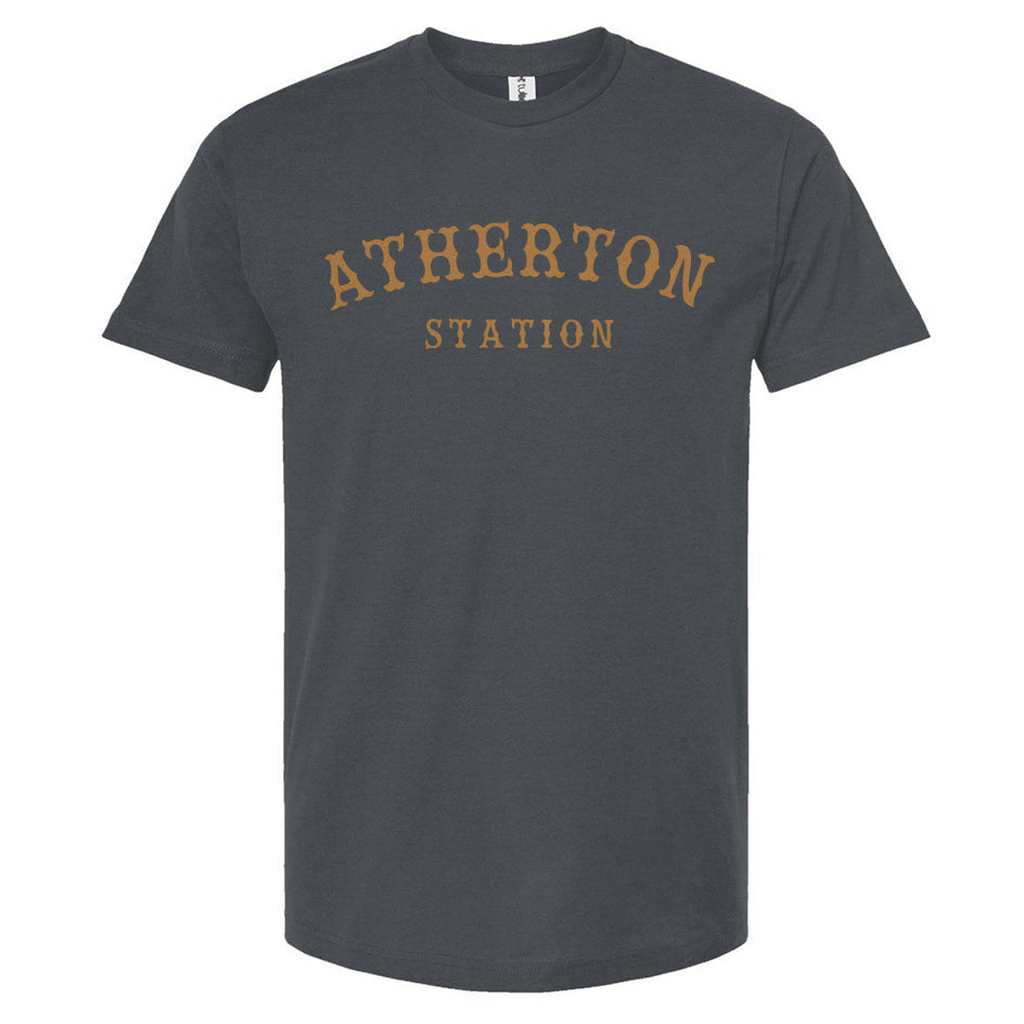 Indigo t-shirt with 'Atherton Station' text on a white background