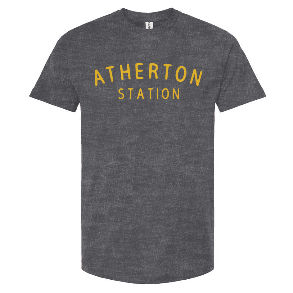 Atherton Station vintage yellow on heather heather gray t-shirt