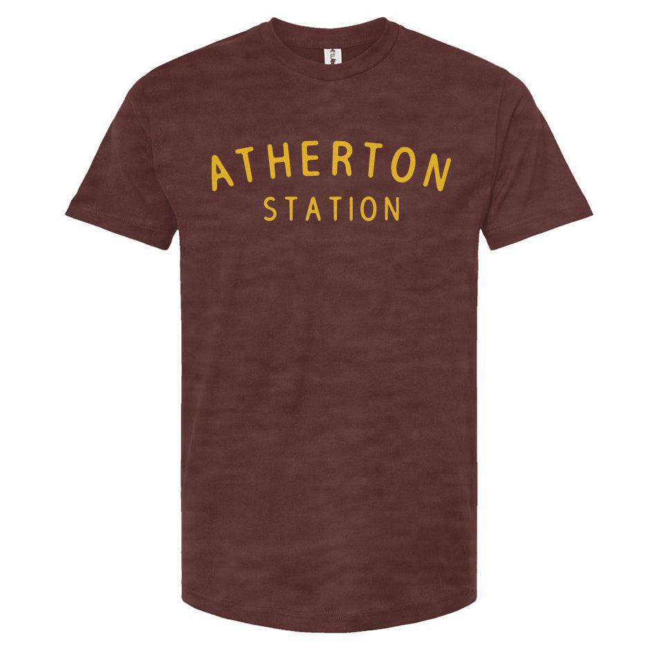 Atherton Station vintage yellow on heather burgundy t-shirt