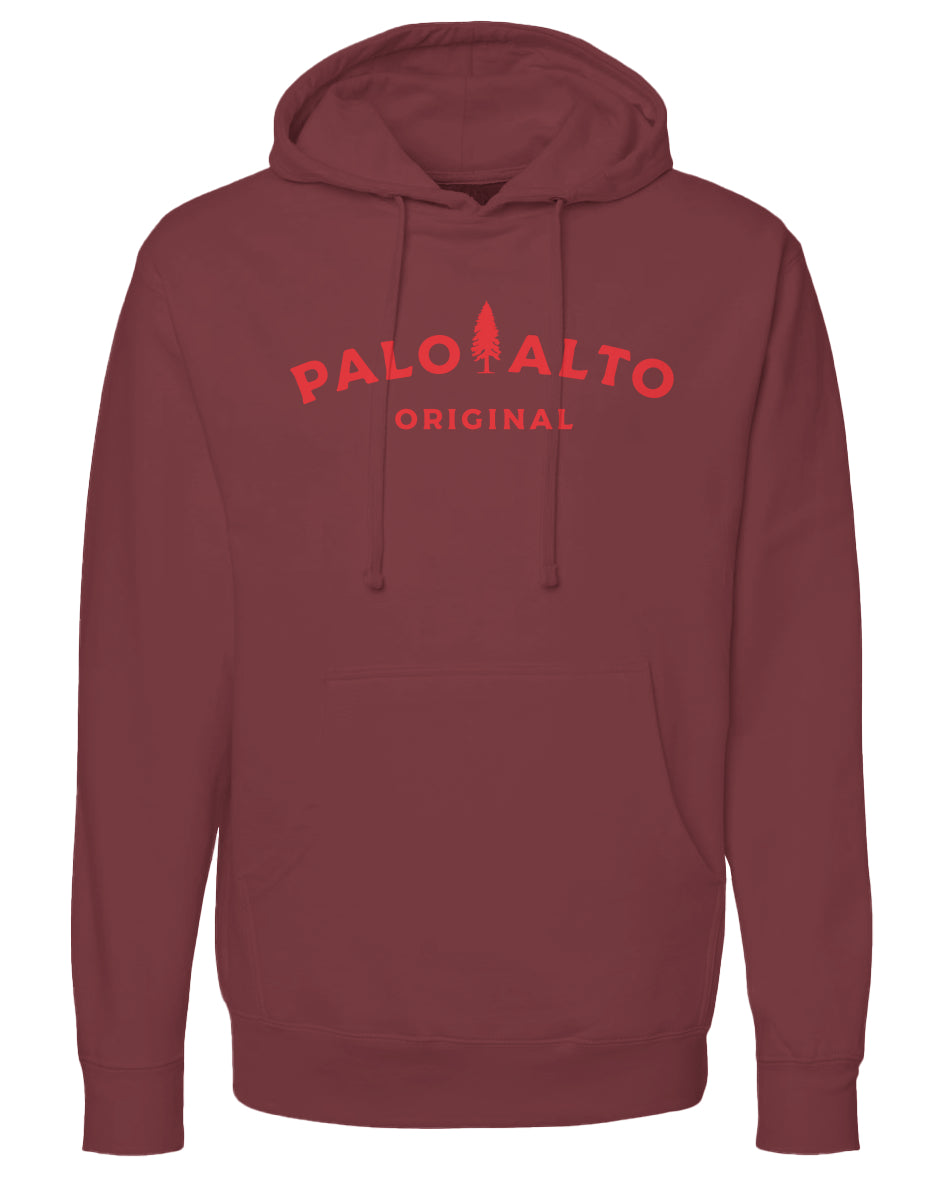 Maroon hoodie with 'Palo Alto Original' text in red on a white background