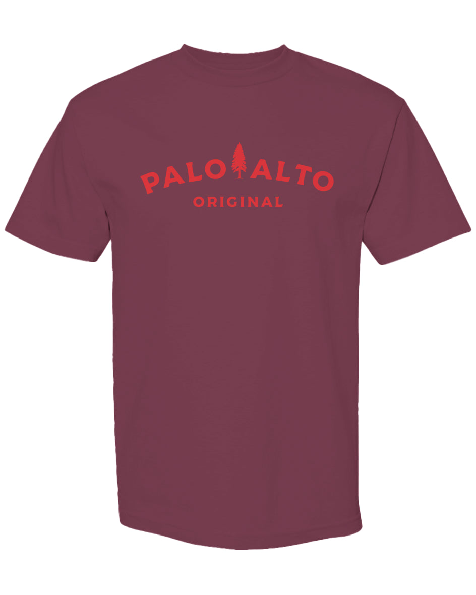 Burgundy t-shirt with 'Palo Alto Original' text on the chest