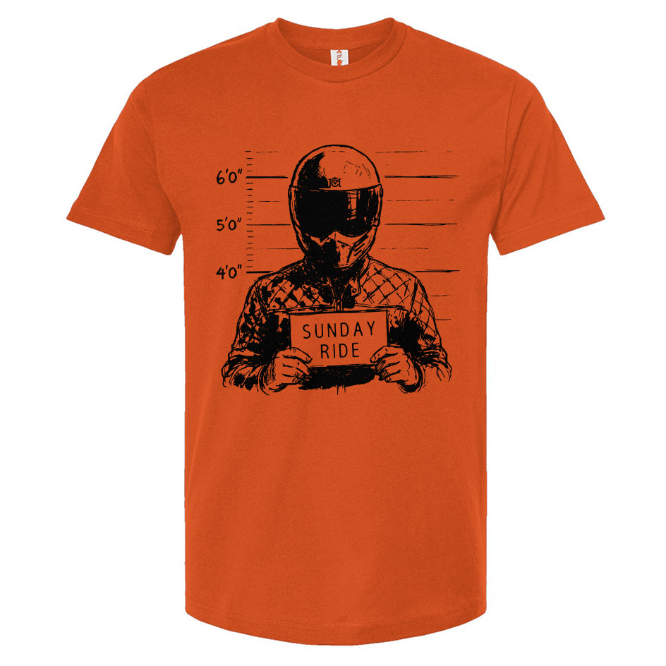 Orange t-shirt with black graphic design on a white background