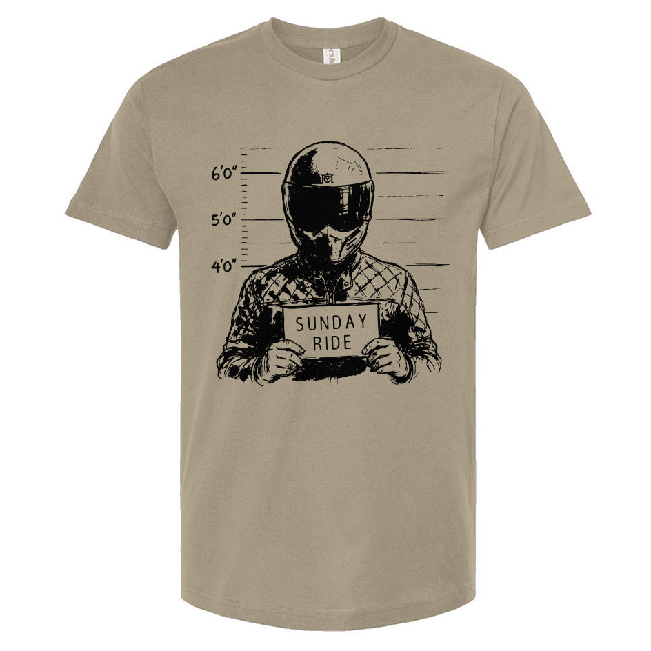 Beige t-shirt with graphic design of a person in a helmet and 'Sunday Ride' text on a white background