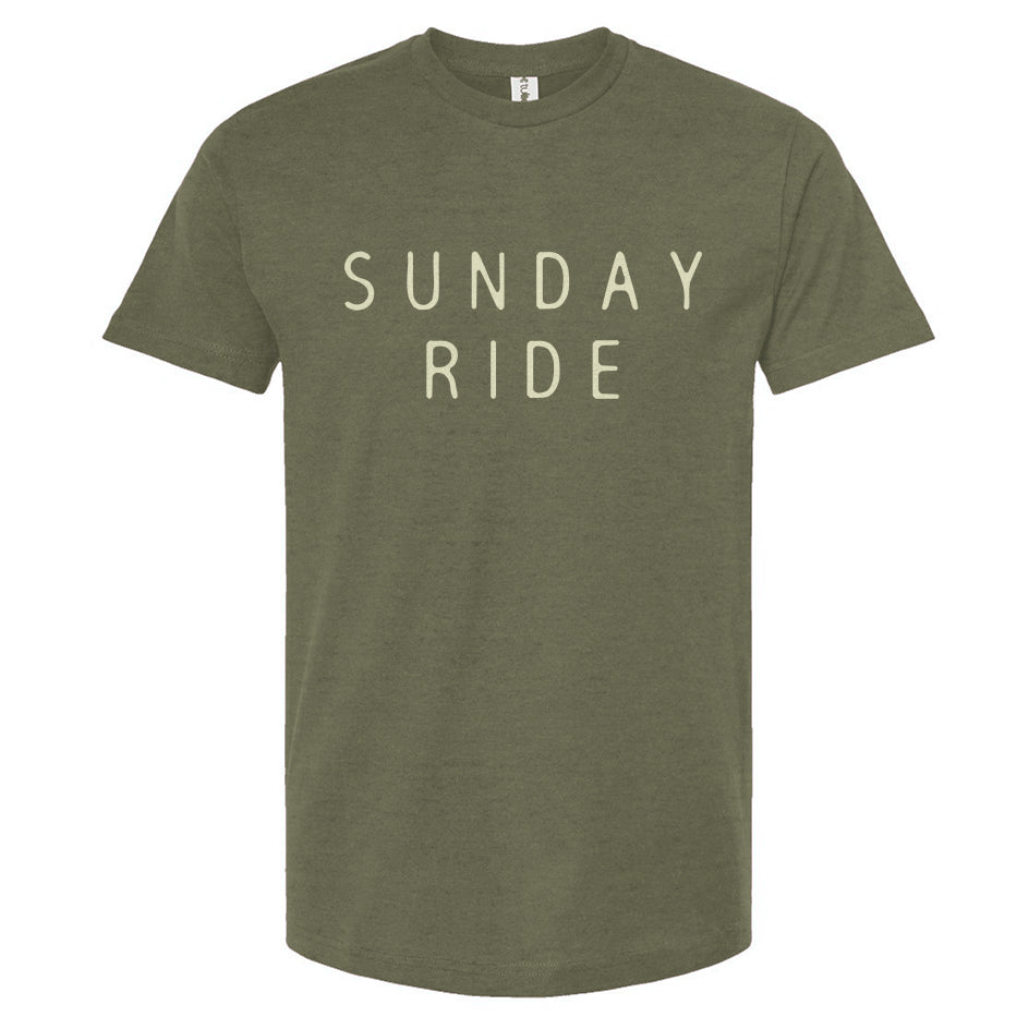 Army Green t-shirt with 'SUNDAY RIDE' text on a white background