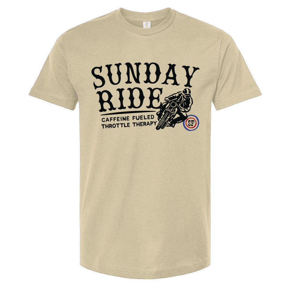 Beige t-shirt with 'Sunday Ride' graphic and text on a white background