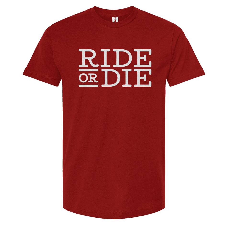 Red t-shirt with 'RIDE OR DIE' text on a white background