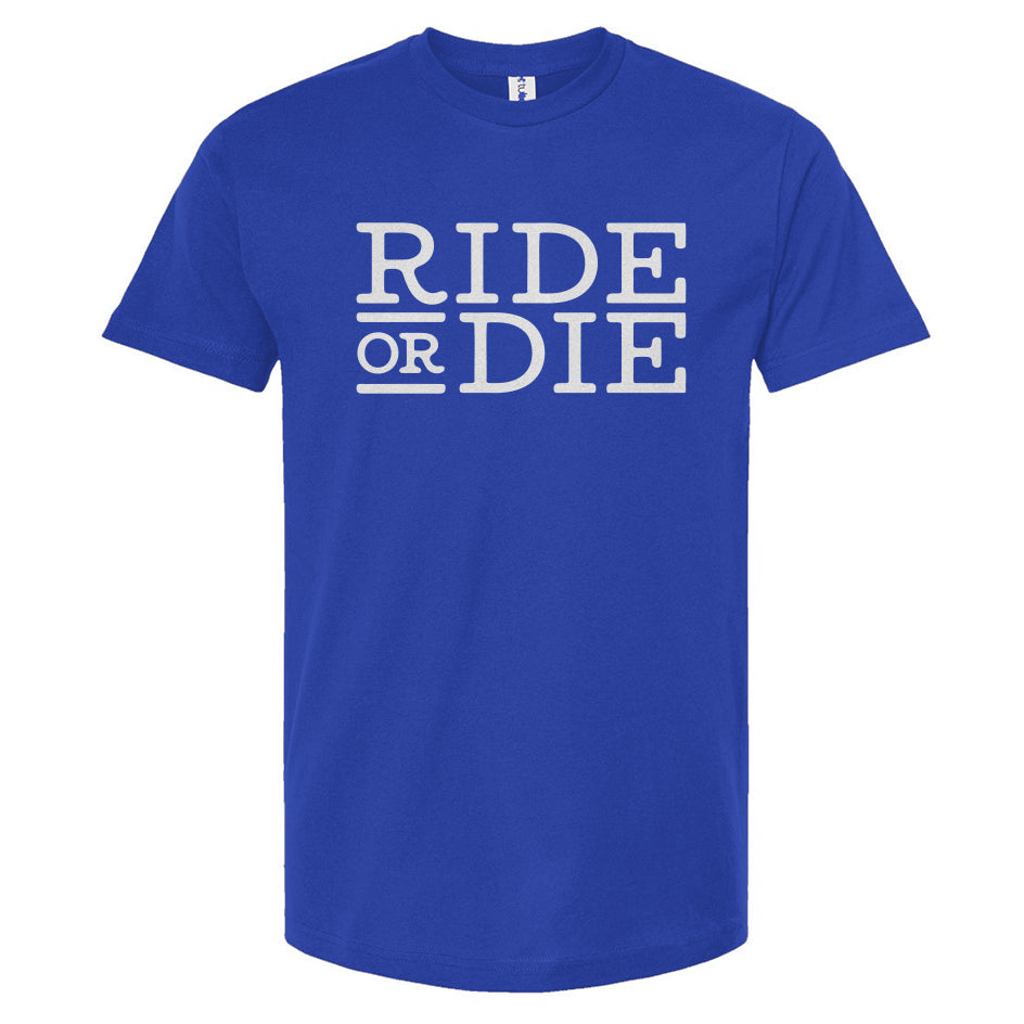 Blue t-shirt with 'Ride or Die' text on a white background