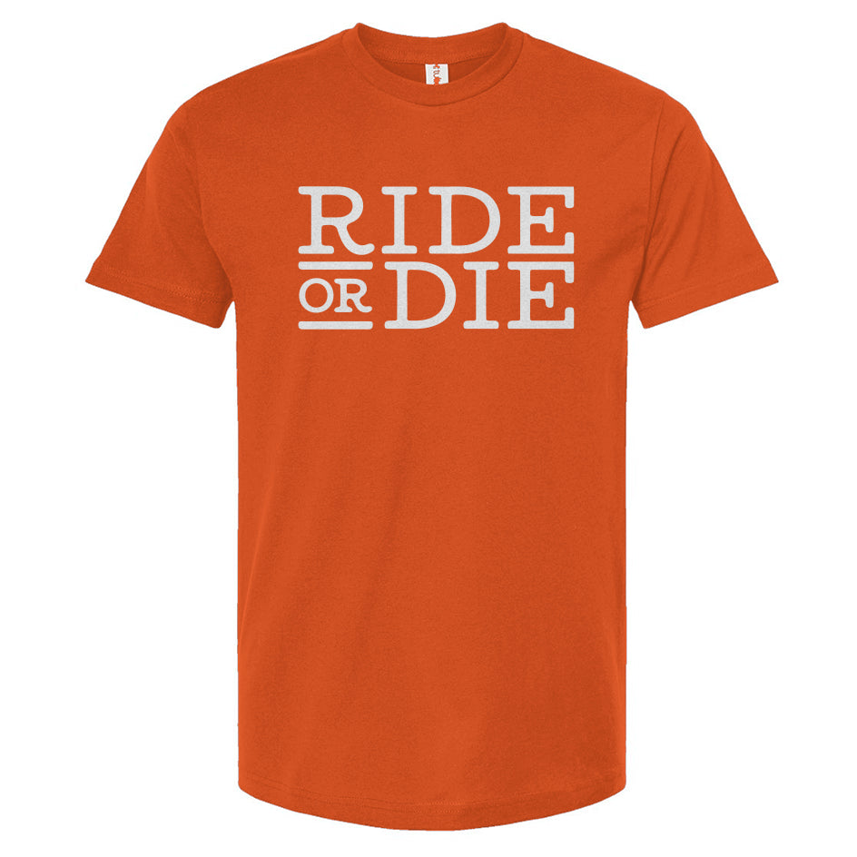 Orange t-shirt with 'RIDE OR DIE' text on a white background