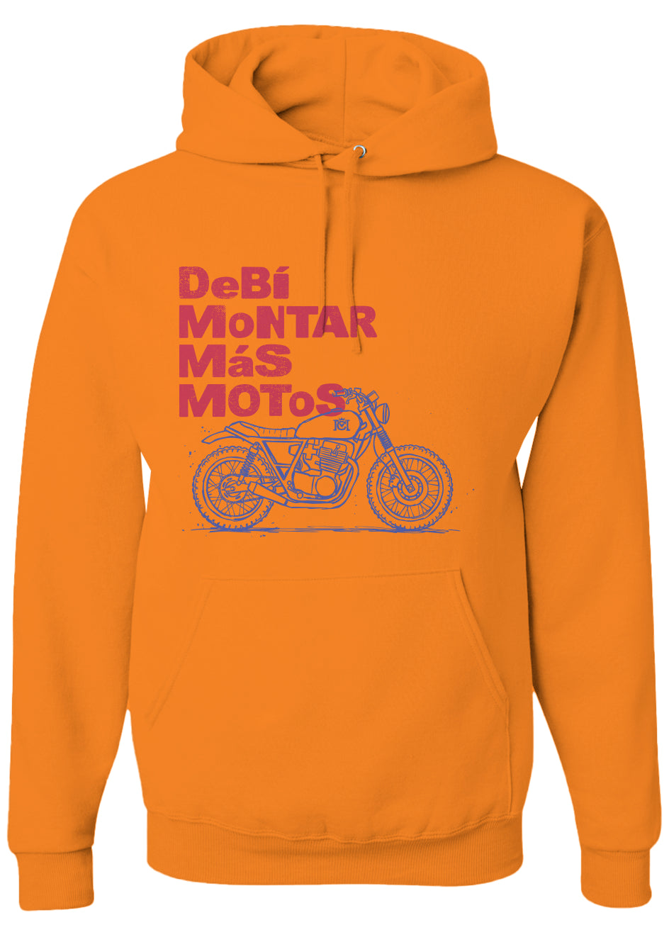 Orange hoodie with motorcycle graphic and text on a white background