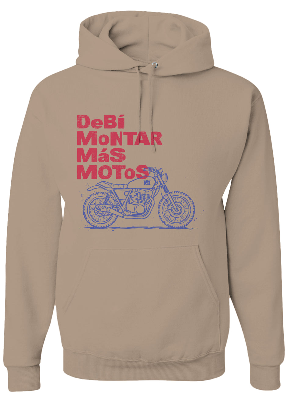 Beige hoodie with red text and blue motorcycle graphic on a white background