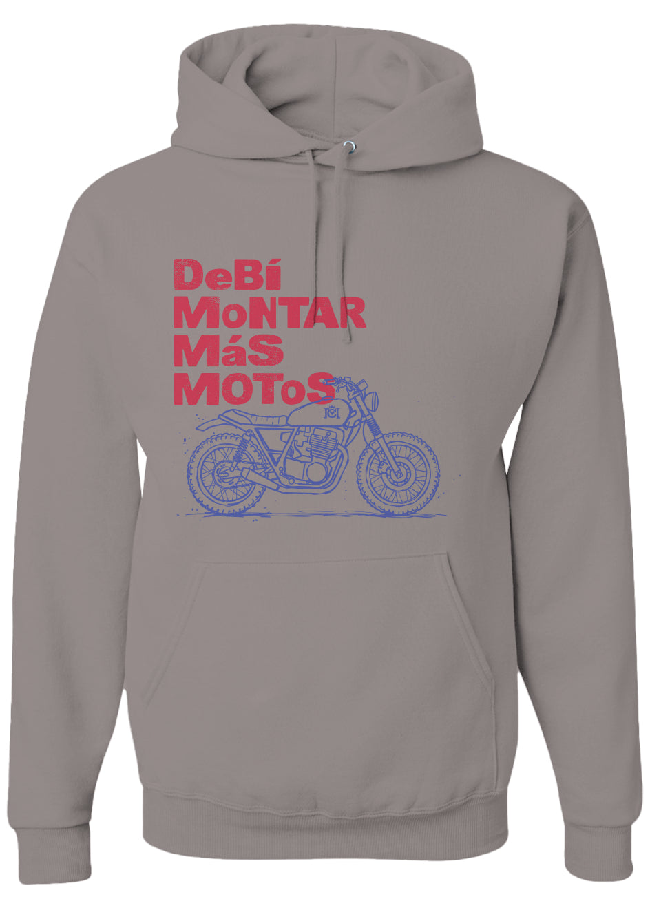 Gray hoodie with red text and blue motorcycle graphic on a white background