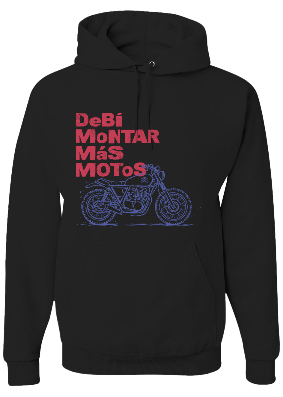 Black hoodie with red text and blue motorcycle graphic on a white background