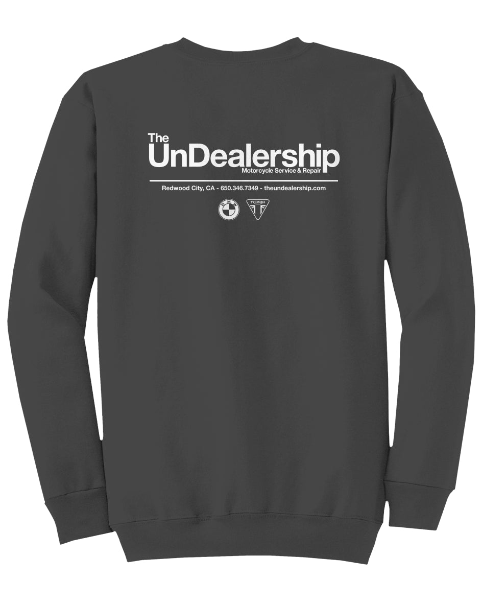 Charcoal gray sweatshirt with 'The UnDealership' text on the back against a white background