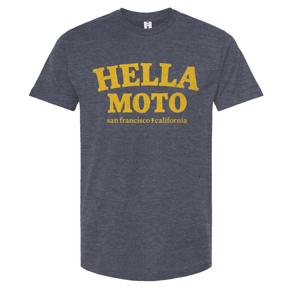 Denim blue t-shirt with 'HELLA MOTO San Francisco California' text in yellow on a white background