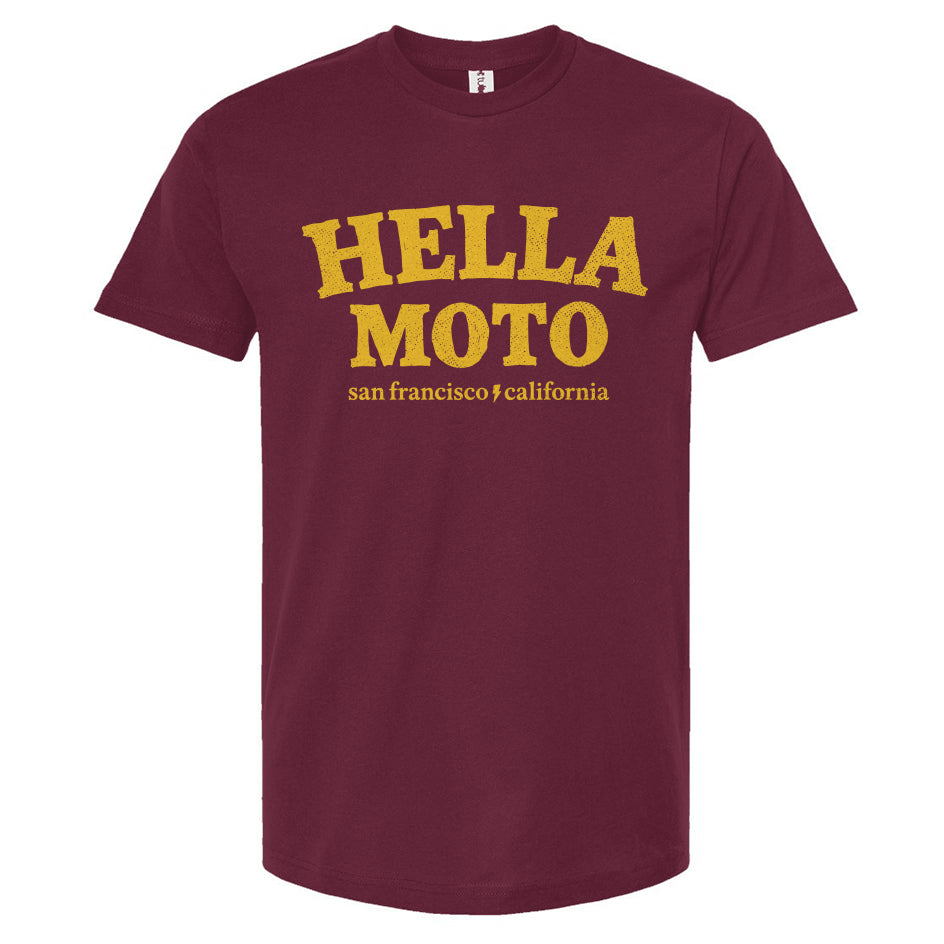 Burgundy t-shirt with 'HELLA MOTO San Francisco California' text in yellow on a white background