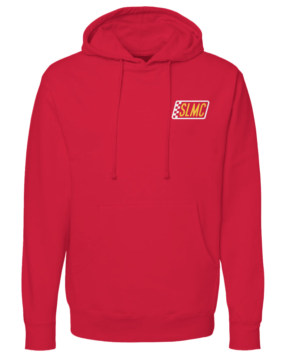 Red hoodie with a logo on the chest against a white background