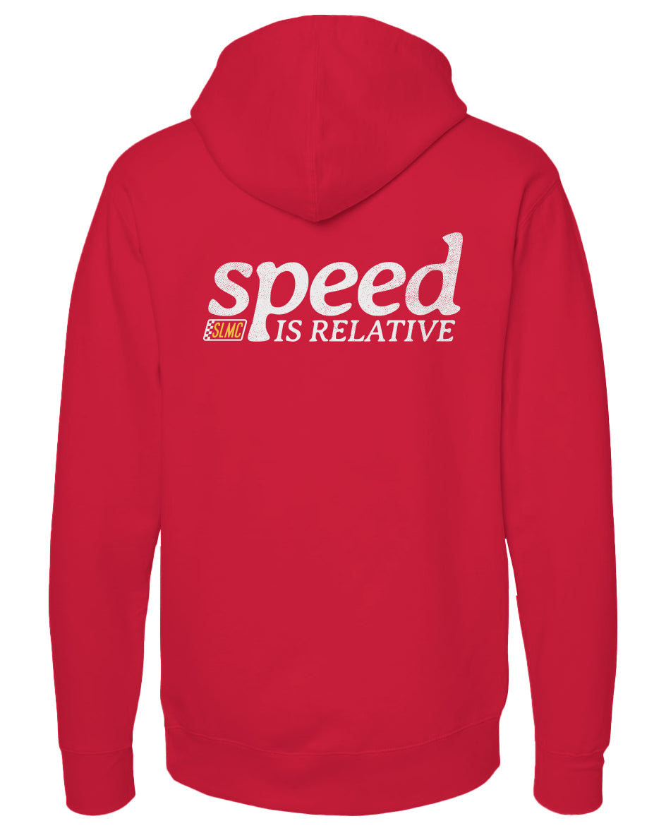 Red hoodie with 'speed is relative' text on the back against a white background