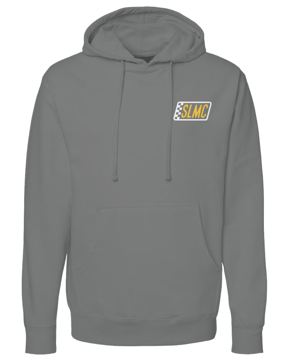 Gray hoodie with a logo on the chest against a white background