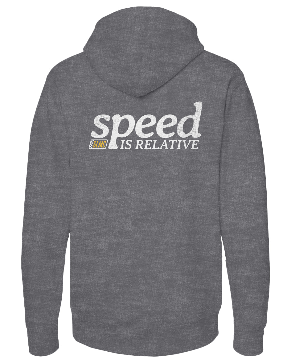 Gray hoodie with 'speed is relative' text on the back against a white background