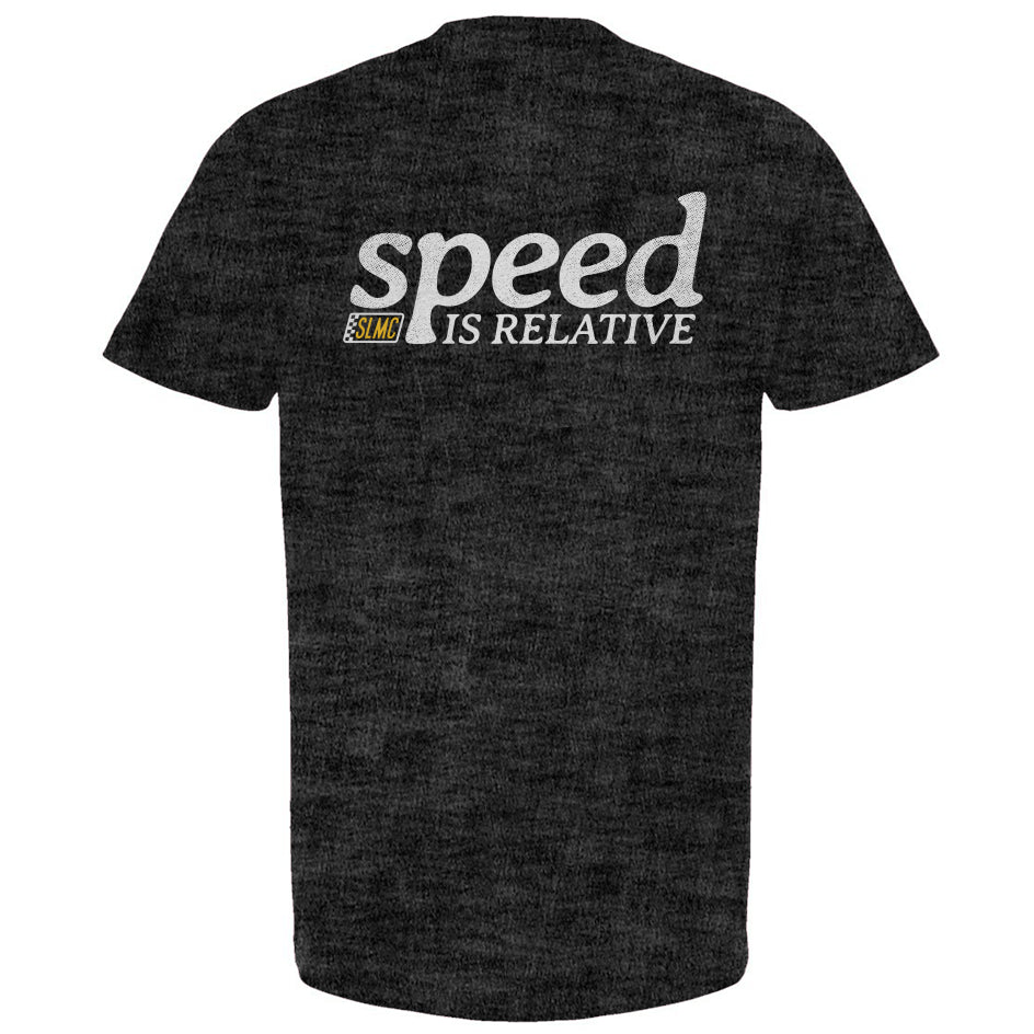 Charcoal heather t-shirt with 'speed is relative' text on a white background