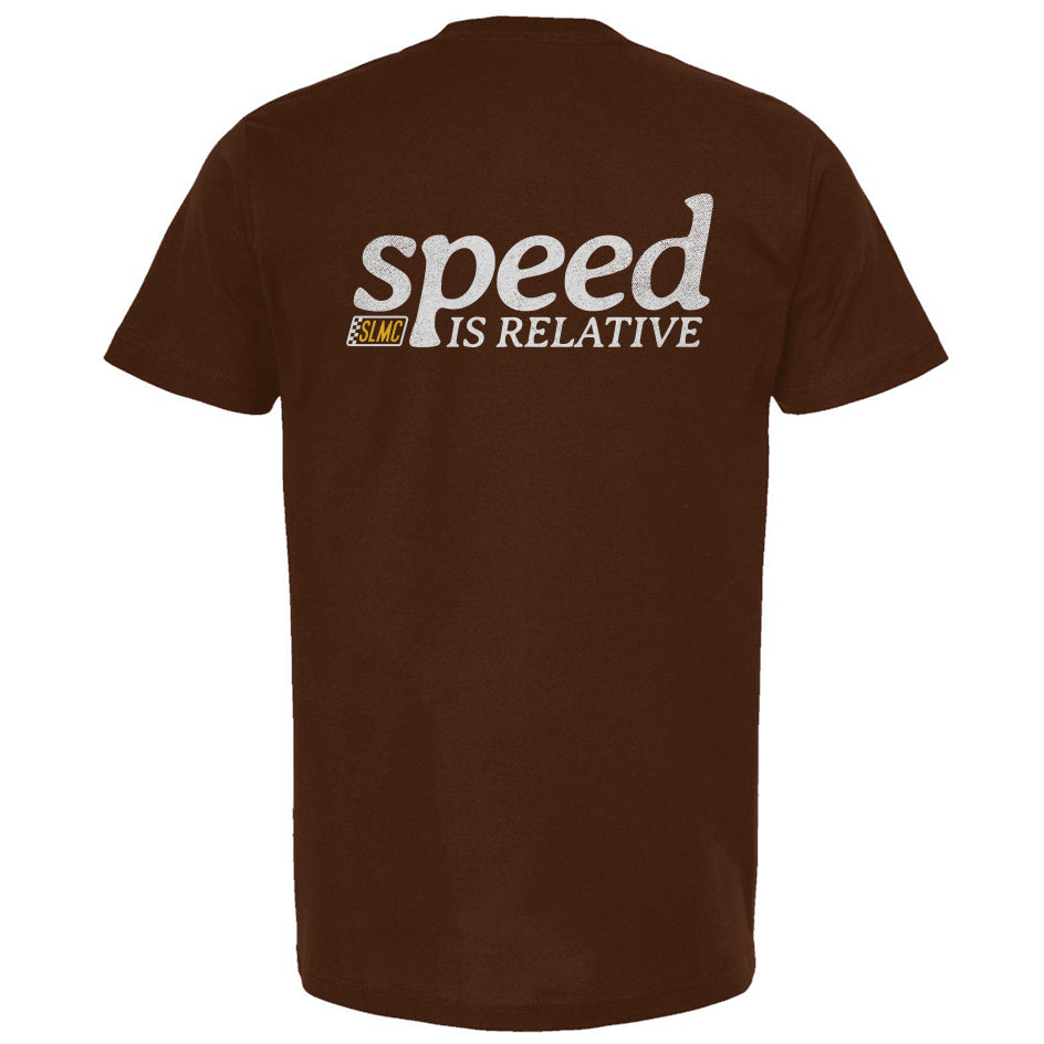 Brown t-shirt with 'speed is relative' text on a white background