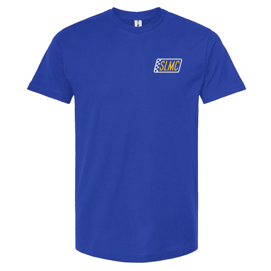 Blue t-shirt with a logo on the chest against a white background