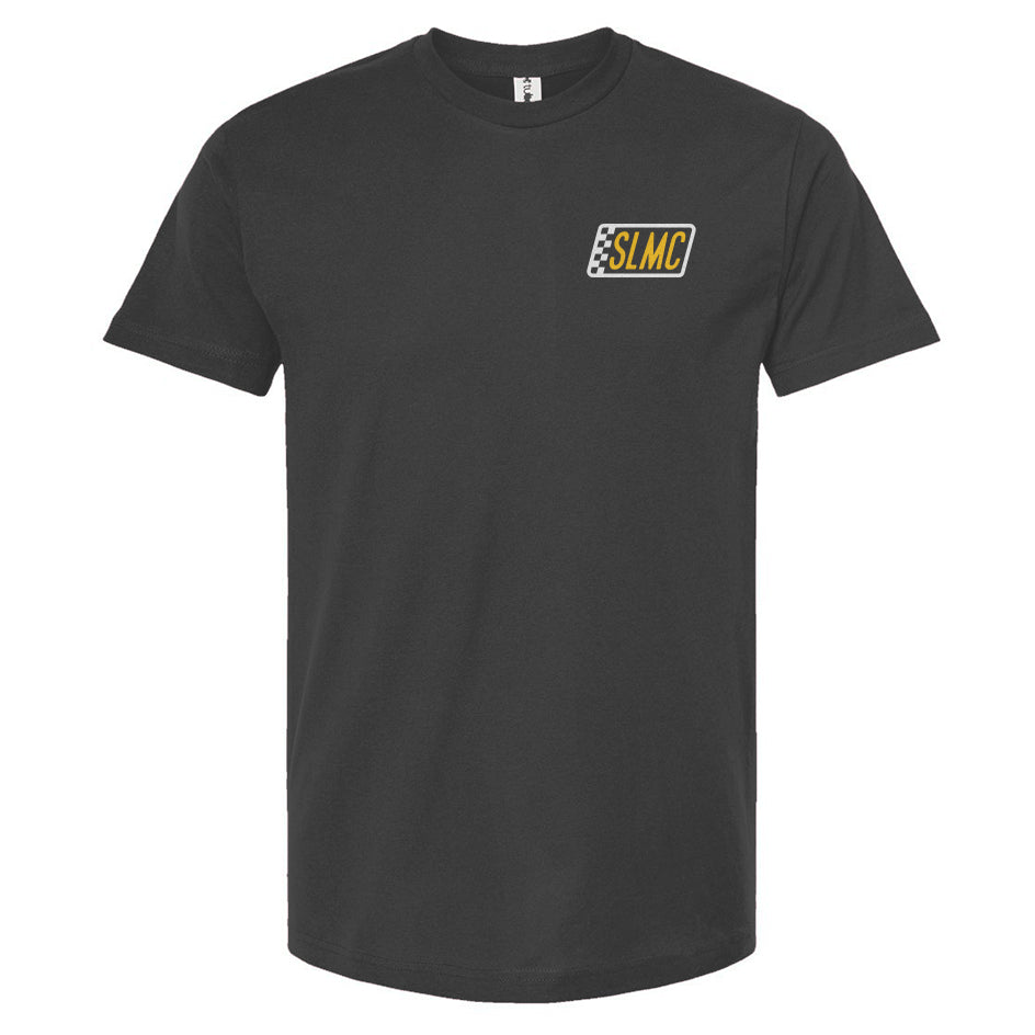 Gray t-shirt with a small logo on the chest against a white background
